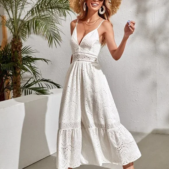 White Preppy womens Ruffle Hem Schiffy Cami Dress - Picture 3 of 6